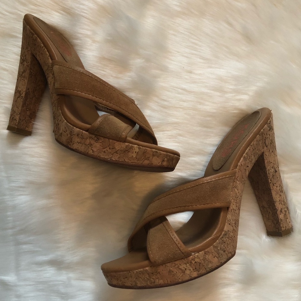 KORS MICHAEL KORS Brown Suede Cork Slide-in Heels